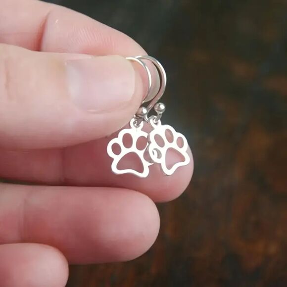 Silver Paw Print Drop Pendant Earrings Dainty Dangle Pet Dog Cat Classic Boho - Picture 4 of 5